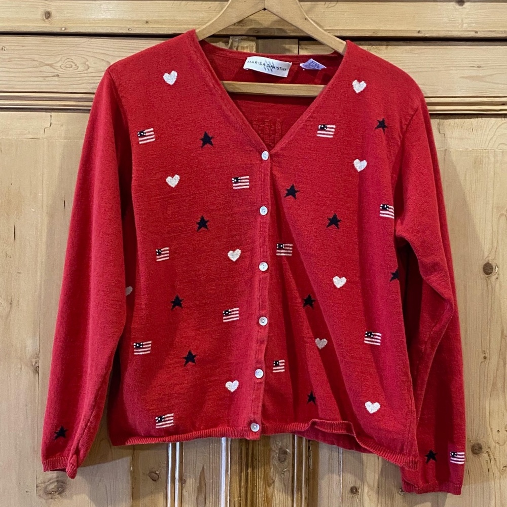 Marisa Christina Red Cardigan with Stars, Hearts & Flag Motifs